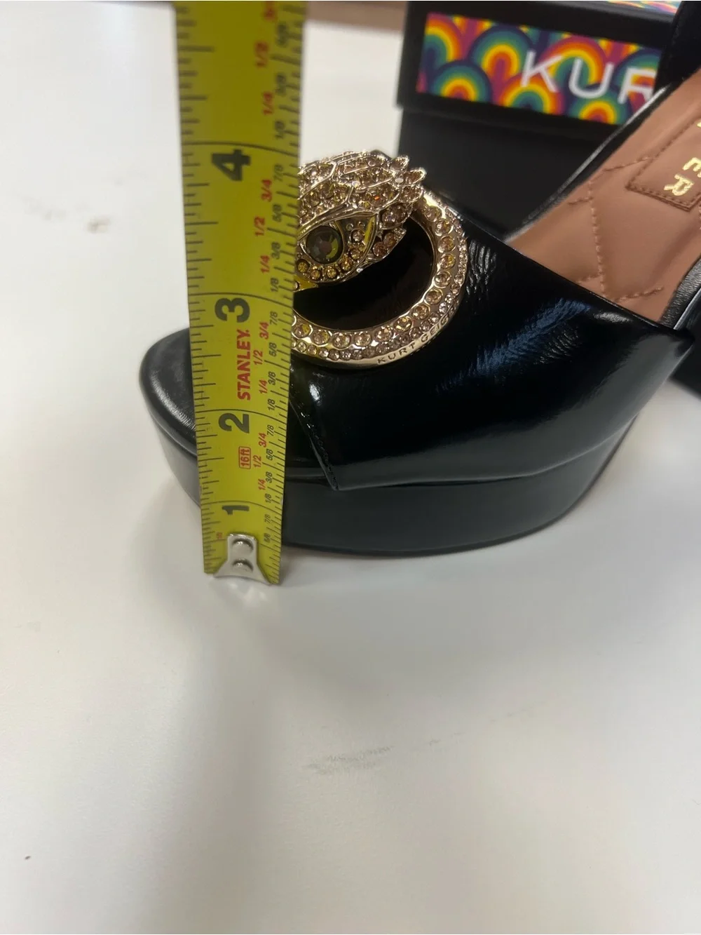 Kurt Geiger Black Patent Platform Sandals with Gold Crystal Medallion
